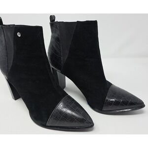 Marc Fisher Ankle Boots Women 10 Black Croc Suede Block Heel Pointed Toe